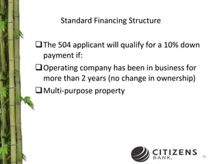 Standard Financing Structure The 504 applicant will qualify for a 10% down payment if: Operating company has been in business for more than 2 years (no change in ownership) Multi-purpose property 
