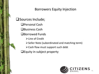 Borrowers Equity Injection Sources Include; Personal Cash Business Cash Borrowed Funds Line of Credit Seller Note (subordinated and matching term) Cash flow must support such debt Equity in subject property 