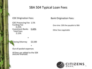 SBA 504 Typical Loan Fees CDC Origination Fees:  CDC Processing Fee 1.5% Funding Fee 0.25% Investment Banks 0.40% Total Fees 2.15% + Closing Attorney $2,500 + Out-of-pocket expenses All fees are added to the 504  and are financed. Bank Origination Fees: One-time .50% fee payable to SBA  Other fees negotiable 