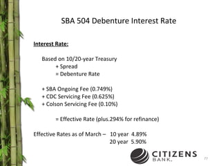 SBA 504 Debenture Interest Rate Interest Rate: Based on 10/20-year Treasury + Spread = Debenture Rate + SBA Ongoing Fee (0.749%) + CDC Servicing Fee (0.625%) + Colson Servicing Fee (0.10%) = Effective Rate (plus.294% for refinance) Effective Rates as of March –  10 year  4.89%   20 year  5.90% 