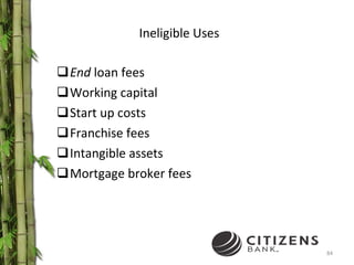 Ineligible Uses End  loan fees Working capital Start up costs Franchise fees Intangible assets Mortgage broker fees 