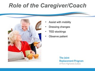 Role of the Caregiver/Coach
• Assist with mobility
• Dressing changes
• TED stockings
• Observe patient
 