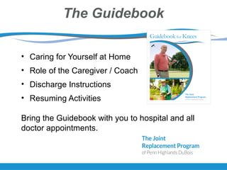The Guidebook
• Caring for Yourself at Home
• Role of the Caregiver / Coach
• Discharge Instructions
• Resuming Activities
Bring the Guidebook with you to hospital and all
doctor appointments.
 