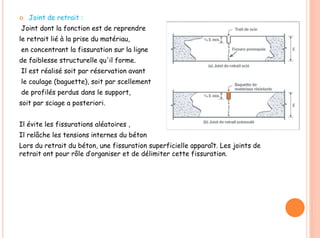  Joint de retrait :
Joint dont la fonction est de reprendre
le retrait lié à la prise du matériau,
en concentrant la fissuration sur la ligne
de faiblesse structurelle qu'il forme.
Il est réalisé soit par réservation avant
le coulage (baguette), soit par scellement
de profilés perdus dans le support,
soit par sciage a posteriori.
Il évite les fissurations aléatoires ,
Il relâche les tensions internes du béton
Lors du retrait du béton, une fissuration superficielle apparaît. Les joints de
retrait ont pour rôle d’organiser et de délimiter cette fissuration.
 