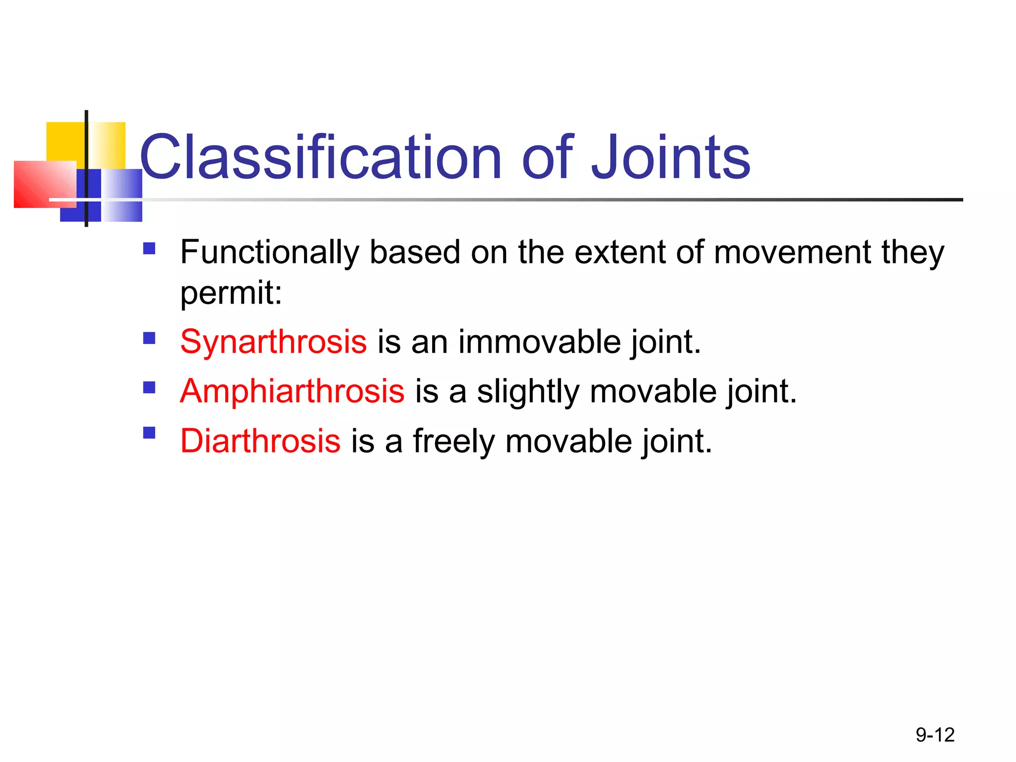 9-12
Classification of Joints
 Functionally based on the extent of movement they
permit:
 Synarthrosis is an immovable joint.
 Amphiarthrosis is a slightly movable joint.

Diarthrosis is a freely movable joint.
 