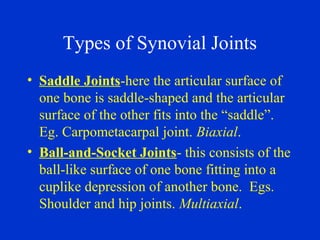 Types of Synovial Joints
• Saddle Joints-here the articular surface of
one bone is saddle-shaped and the articular
surface of the other fits into the “saddle”.
Eg. Carpometacarpal joint. Biaxial.
• Ball-and-Socket Joints- this consists of the
ball-like surface of one bone fitting into a
cuplike depression of another bone. Egs.
Shoulder and hip joints. Multiaxial.
 