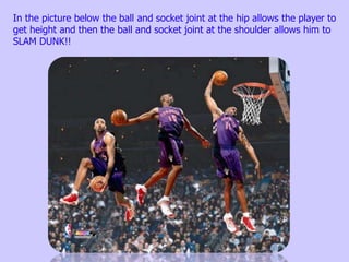 In the picture below the ball and socket joint at the hip allows the player to
get height and then the ball and socket joint at the shoulder allows him to
SLAM DUNK!!
 