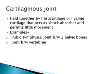  Held together by fibrocartilage or hyaline
cartilage that acts as shock absorber and
permits little movement
 Examples-
a) Pubic symphysis, joint b/w 2 pelvic bones
b) Joint b/w vertebrae
 