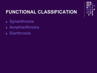 FUNCTIONAL CLASSIFICATION
 Synarthrosis
 Amphiarthrosis
 Diarthrosis
 