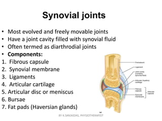 Synovial joints
• Most evolved and freely movable joints
• Have a joint cavity filled with synovial fluid
• Often termed as diarthrodial joints
• Components:
1. Fibrous capsule
2. Synovial membrane
3. Ligaments
4. Articular cartilage
5. Articular disc or meniscus
6. Bursae
7. Fat pads (Haversian glands)
BY K.SANJAIDAS, PHYSIOTHERAPIST
 