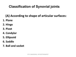 Classification of Synovial joints
(A) According to shape of articular surfaces:
1. Plane
2. Hinge
3. Pivot
4. Condylar
5. Ellipsoid
6. Saddle
7. Ball and socket
BY K.SANJAIDAS, PHYSIOTHERAPIST
 