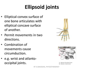 Ellipsoid joints
• Elliptical convex surface of
one bone articulates with
elliptical concave surface
of another.
• Permit movements in two
directions.
• Combination of
movements cause
circumduction.
• e.g. wrist and atlanto-
occipital joints.
BY K.SANJAIDAS, PHYSIOTHERAPIST
 