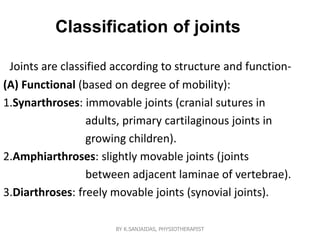 Classification of joints
Joints are classified according to structure and function-
(A) Functional (based on degree of mobility):
1.Synarthroses: immovable joints (cranial sutures in
adults, primary cartilaginous joints in
growing children).
2.Amphiarthroses: slightly movable joints (joints
between adjacent laminae of vertebrae).
3.Diarthroses: freely movable joints (synovial joints).
BY K.SANJAIDAS, PHYSIOTHERAPIST
 