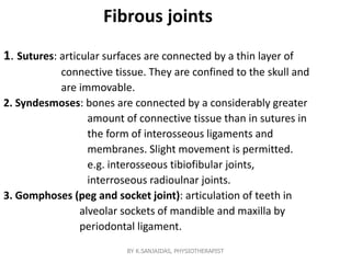 Fibrous joints
1. Sutures: articular surfaces are connected by a thin layer of
connective tissue. They are confined to the skull and
are immovable.
2. Syndesmoses: bones are connected by a considerably greater
amount of connective tissue than in sutures in
the form of interosseous ligaments and
membranes. Slight movement is permitted.
e.g. interosseous tibiofibular joints,
interroseous radioulnar joints.
3. Gomphoses (peg and socket joint): articulation of teeth in
alveolar sockets of mandible and maxilla by
periodontal ligament.
BY K.SANJAIDAS, PHYSIOTHERAPIST
 
