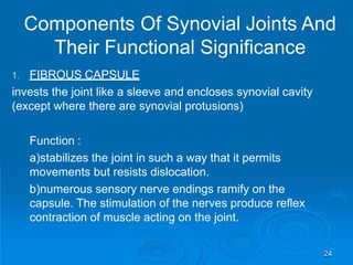 1. FIBROUS CAPSULE
invests the joint like a sleeve and encloses synovial cavity
(except where there are synovial protusions)
Function :
a)stabilizes the joint in such a way that it permits
movements but resists dislocation.
b)numerous sensory nerve endings ramify on the
capsule. The stimulation of the nerves produce reflex
contraction of muscle acting on the joint.
Components Of Synovial Joints And
Their Functional Significance
24
 