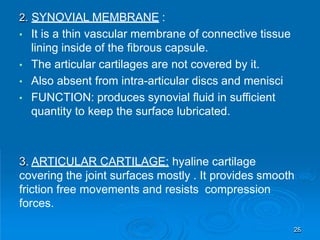 2. SYNOVIAL MEMBRANE :
• It is a thin vascular membrane of connective tissue
lining inside of the fibrous capsule.
• The articular cartilages are not covered by it.
• Also absent from intra-articular discs and menisci
• FUNCTION: produces synovial fluid in sufficient
quantity to keep the surface lubricated.
3. ARTICULAR CARTILAGE: hyaline cartilage
covering the joint surfaces mostly . It provides smooth
friction free movements and resists compression
forces.
25
 
