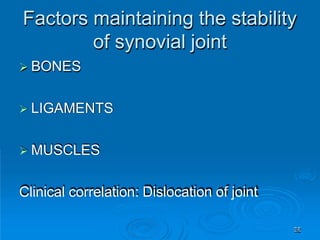 Factors maintaining the stability
of synovial joint
35
 BONES
 LIGAMENTS
 MUSCLES
Clinical correlation: Dislocation of joint
 