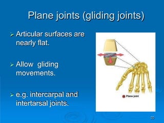 Plane joints (gliding joints)
38
 Articular surfaces are
nearly flat.
 Allow gliding
movements.
 e.g. intercarpal and
intertarsal joints.
 