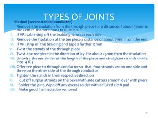 TYPES OF JOINTS
25
 Method (seven stranded conductor)
I. Remove the insulation from the through piece for a distance of about 50mm in
the center this wire must first be cut
II. If VRI cable strip off the braiding 12mm at each side
III. Remove the insulation of the tee piece a distance of about 75mm from the end
IV. If VRI strip off the braiding and tape a further 12mm
V. Twist the strands of the through piece
VI. Twist the tee piece in the direction of lay for about 25mm from the insulation
VII. Untwist the remainder of the length of the piece and straighten strands divide
into 4 & 3
VIII.Offer tee piece to through conductor so that four strands are on one side and
three on the other side of the through conductor
IX. Tighten the stands in their respective direction
X. Cut off surplus strands on the bevel with side cutters smooth over with pliers
XI. Solder the joint. Wipe off any excess solder with a fluxed cloth pad
XII. Make good the insulation removed
 