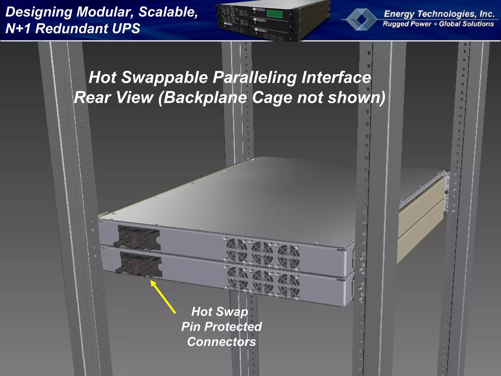 Designing Modular, Scalable,
N+1 Redundant UPS
Hot Swappable Paralleling Interface
Rear View (Backplane Cage not shown)
Hot Swap
Pin Protected
Connectors
 