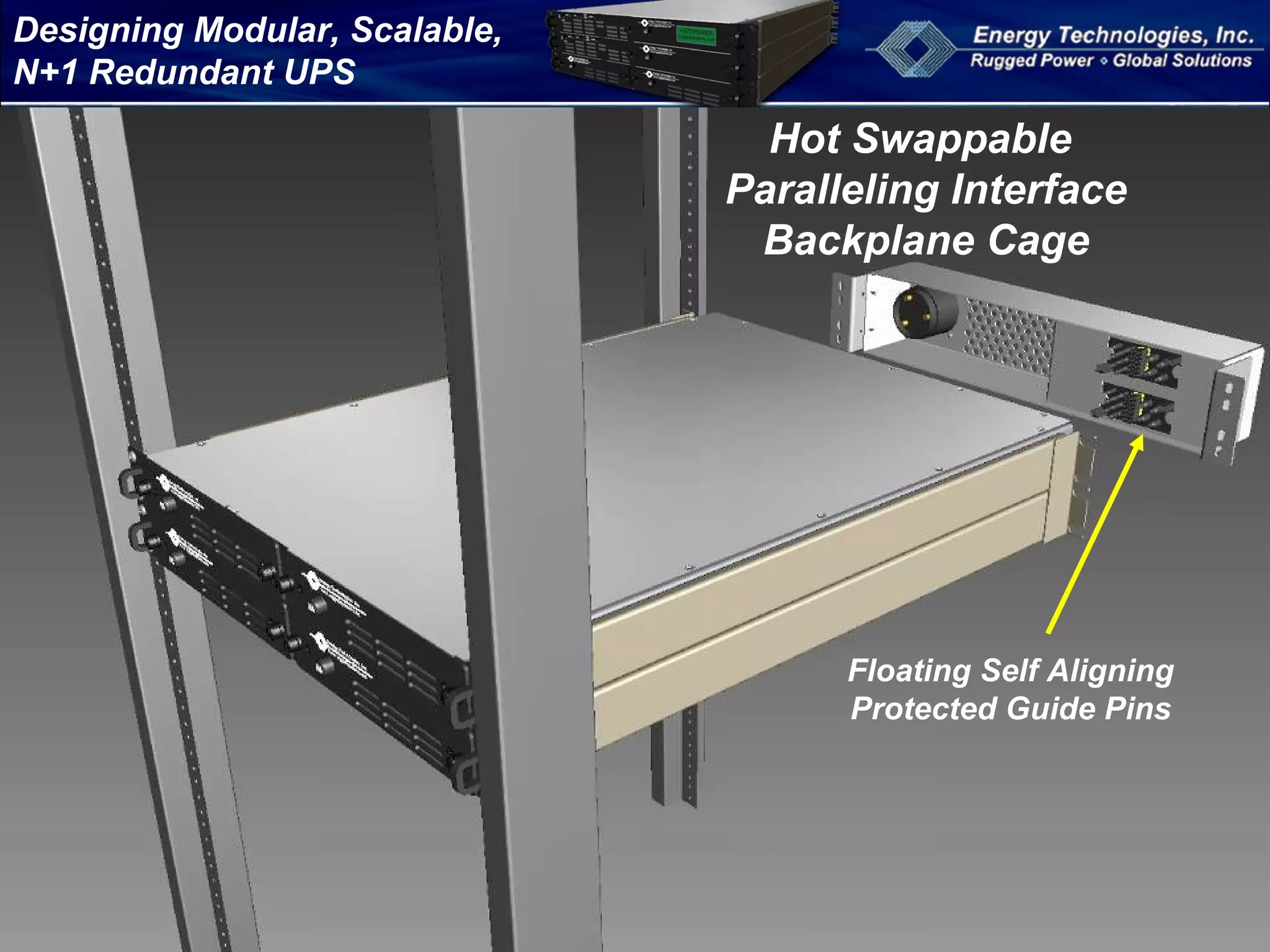 Designing Modular, Scalable,
N+1 Redundant UPS
Hot Swappable
Paralleling Interface
Backplane Cage
Floating Self Aligning
Protected Guide Pins
 
