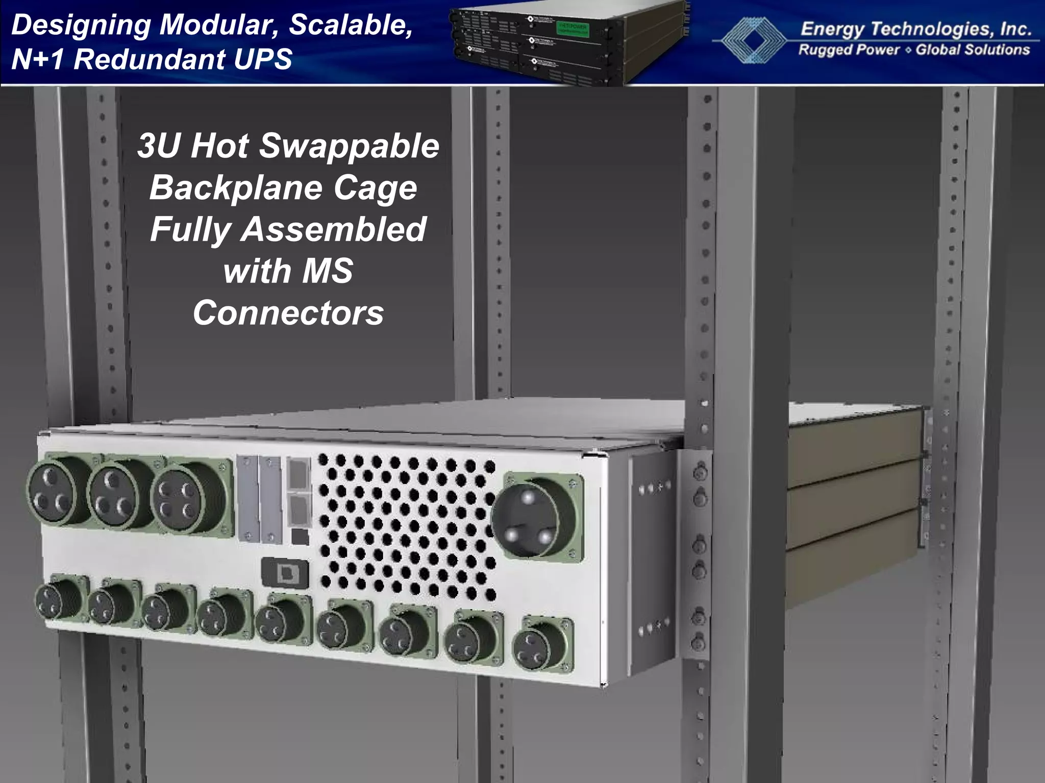 Designing Modular, Scalable,
N+1 Redundant UPS
3U Hot Swappable
Backplane Cage
Fully Assembled
with MS
Connectors
 