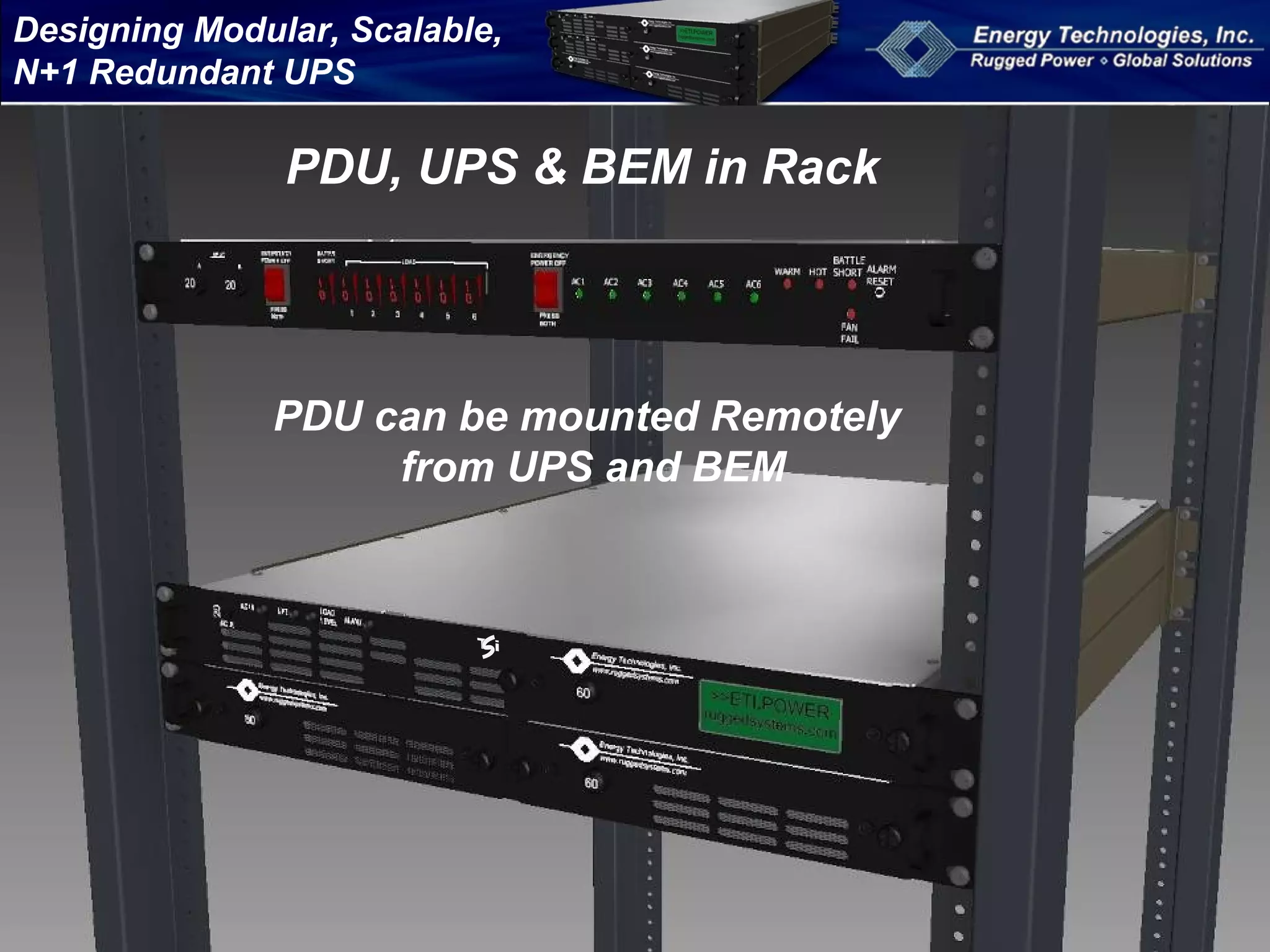 Designing Modular, Scalable,
N+1 Redundant UPS
PDU, UPS & BEM in Rack
PDU can be mounted Remotely
from UPS and BEM
 
