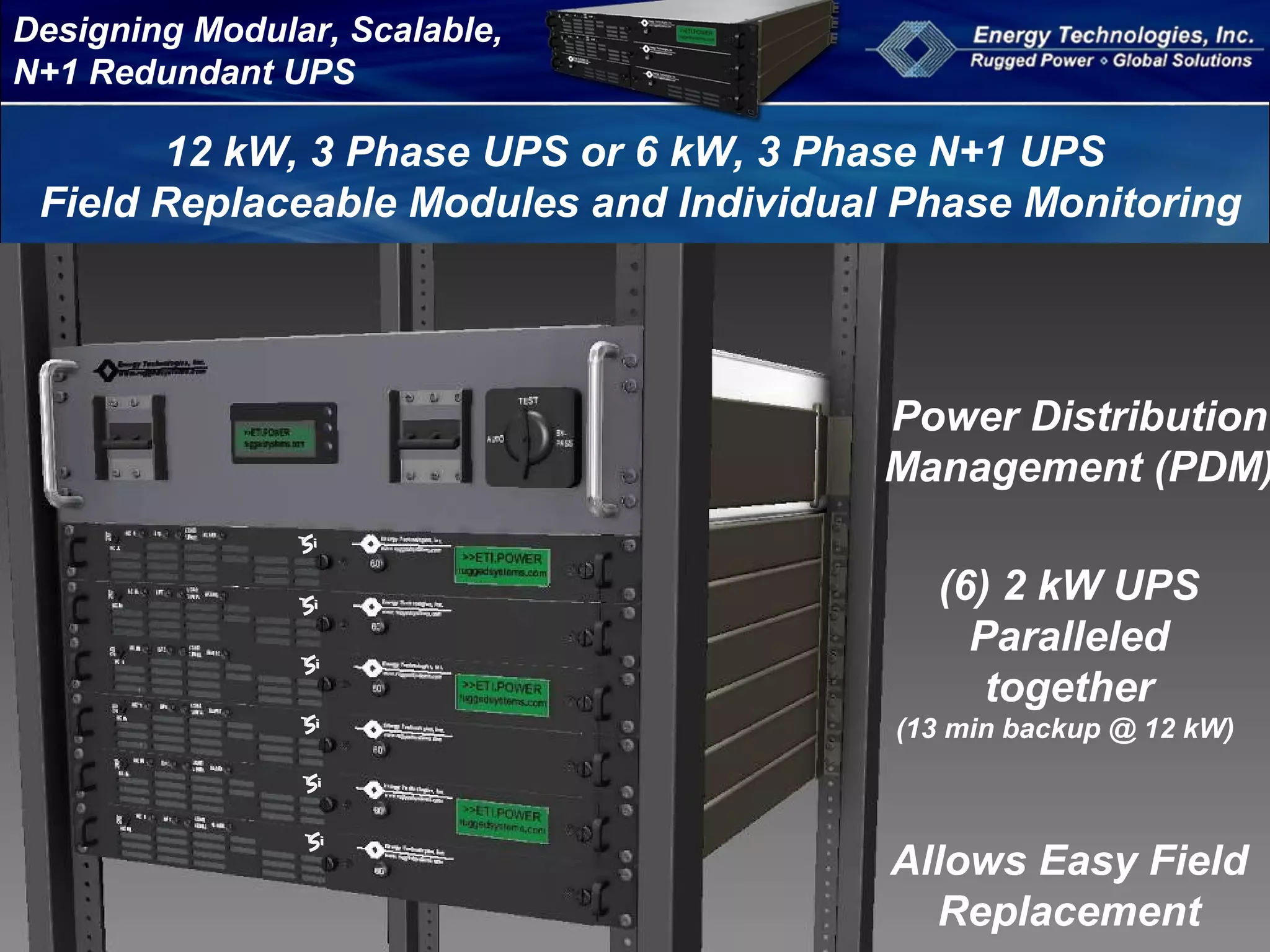 Designing Modular, Scalable,
N+1 Redundant UPS
12 kW, 3 Phase UPS or 6 kW, 3 Phase N+1 UPS
Field Replaceable Modules and Individual Phase Monitoring
(6) 2 kW UPS
Paralleled
together
(13 min backup @ 12 kW)
Power Distribution
Management (PDM)
Allows Easy Field
Replacement
 