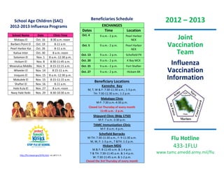 School Age Children (SAC)                                          Beneficiaries Schedule                         2012 – 2013
2012-2013 Influenza Programs                                                EXCHANGES
                                                           Dates             Time                Location
 School Name             Date              Clinic Time     Oct. 4
  Mokapu El             Oct. 16         8:30 a.m.-noon
                                                                          9 a.m.- 2 p.m.         Pearl Harbor
                                                                                                     NEX                Joint
Barbers Point El
Pearl Harbor Kai
                        Oct. 19
                        Oct. 26
                                            8-11 a.m.
                                            8-11 a.m.
                                                           Oct. 5         9 a.m.- 2 p.m.         Pearl Harbor
                                                                                                     NEX
                                                                                                                    Vaccination
  Kailua Inter          Oct. 30           8 a.m.-noon
                                                           Oct. 13        9 a.m.- 2 p.m.         Schofield PX
                                                                                                                        Team
  Solomon El            Nov. 1         8 a.m.-12:30 p.m.
                                                           Oct. 20        9 a.m.- 2 p.m.         K Bay MCX
   Hickam El
Moanalua Middle
                        Nov. 8
                        Nov. 9
                                        8:30-11:45 a.m.
                                        8:15-11:15 a.m.    Oct. 25        9 a.m.- 2 p.m.         Fort Shafter
                                                                                                                      Influenza
  Wheeler El            Nov. 14           8:15-11 a.m.     Oct. 27        9 a.m.- 2 p.m.         Hickam BX          Vaccination
   Iroquois El          Nov. 15        8 a.m.-12:30 p.m.
  Mokulele El           Nov. 15         8:15-11:15 a.m.
                                                                      Beneficiary Locations
                                                                                                                    Information
    Shafter El          Nov. 16            8-11 a.m.
                                                                            Kaneohe Bay
  Hale Kula El          Nov. 27           8 a.m.-noon          M, T, W & F: 7:30-11:30 a.m.; 1-3 p.m.
 Navy Hale Keiki        Nov. 29         8:30-10:30 a.m.            TH: 7:30-11:30 a.m.; 1-2 p.m.
                                                                           Makalapa Clinic
                                                                     M-F: 7:30 a.m.-4:30 p.m.
                                                                Closed 1st Thursday of every month
                                                                        11:45 a.m. -2 p.m.
                                                                      Shipyard Clinic (Bldg 1750)
                                                                         M-F: 7 a.m.-3:30 p.m.
                                                                      TAMC Immunization Clinic
                                                                           M-F: 8 a.m.-4 p.m.
                                                                          Schofield Barracks
                                                               M-TH: 7:30-11:30 a.m., F: 9-11:30 a.m.
                                                                M, W, F: 1-3 p.m., T &TH: 1-2 p.m.
                                                                                                                      Flu Hotline
                                                                            Hickam MDG
                                                                   M & F: 8-11:45 a.m. & 1-4 p.m.
                                                                                                                       433-1FLU
                                                                 T & TH: 7:30-11:45 a.m. & 1-4 p.m.             www.tamc.amedd.army.mil/flu
       http://flu.hawaii.gov/SFAS.html or call 2-1-1.
                                                                   W: 7:30-11:45 a.m. & 1-2 p.m.
                                                              Closed the 3rd Thursday of every month
 