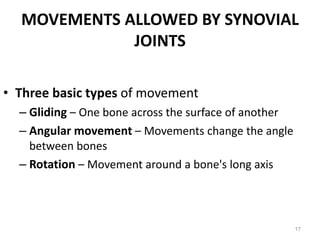 MOVEMENTS ALLOWED BY SYNOVIAL
JOINTS
• Three basic types of movement
– Gliding – One bone across the surface of another
– Angular movement – Movements change the angle
between bones
– Rotation – Movement around a bone's long axis
17
 