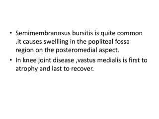 • Semimembranosus bursitis is quite common
.it causes swellling in the popliteal fossa
region on the posteromedial aspect.
• In knee joint disease ,vastus medialis is first to
atrophy and last to recover.
 