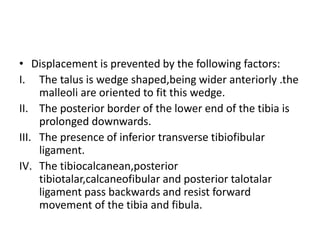• Displacement is prevented by the following factors:
I. The talus is wedge shaped,being wider anteriorly .the
malleoli are oriented to fit this wedge.
II. The posterior border of the lower end of the tibia is
prolonged downwards.
III. The presence of inferior transverse tibiofibular
ligament.
IV. The tibiocalcanean,posterior
tibiotalar,calcaneofibular and posterior talotalar
ligament pass backwards and resist forward
movement of the tibia and fibula.
 