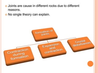  Joints are cause in different rocks due to different
reasons.
 No single theory can explain.
 
