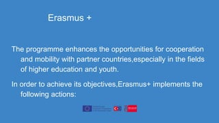 The programme enhances the opportunities for cooperation
and mobility with partner countries,especially in the fields
of higher education and youth.
In order to achieve its objectives,Erasmus+ implements the
following actions:
Erasmus +
 