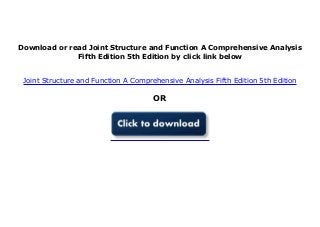 Download or read Joint Structure and Function A Comprehensive Analysis
Fifth Edition 5th Edition by click link below
Joint Structure and Function A Comprehensive Analysis Fifth Edition 5th Edition
OR
 