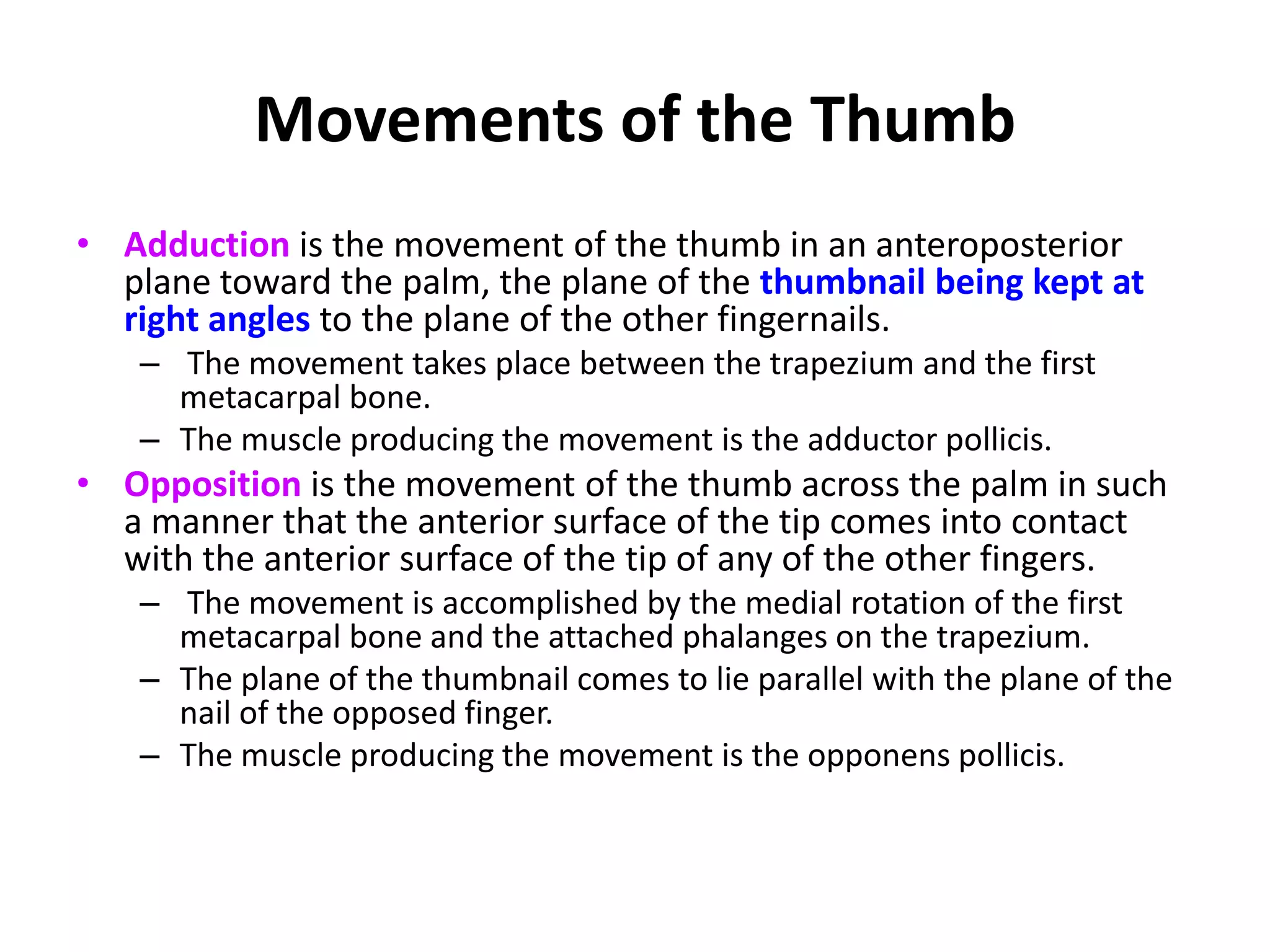 Movements of the ThumbFlexion is the movement of the thumb across the palm in such a manner as to maintain the plane of the thumbnail at right angles to the plane of the other fingernails .The movement takes place between the trapezium and the first metacarpal bone, at the metacarpophalangeal and interphalangeal joints. The muscles producing the movement are the flexor pollicis longus and brevis and the opponens pollicis.Extension is the movement of the thumb in a lateral or coronal plane away from the palm in such a manner as to maintain the plane of the thumbnail at right angles to the plane of the other fingernails. The movement takes place between the trapezium and the first metacarpal bone, at the metacarpophalangeal and interphalangeal joints. The muscles producing the movement are the extensor pollicis longus and brevis.Abduction is the movement of the thumb in an anteroposterior plane away from the palm, the plane of the thumbnail being kept at right angles to the plane of the other nails. The movement takes place mainly between the trapezium and the first metacarpal bone; a small amount of movement takes place at the metacarpophalangeal joint. The muscles producing the movement are the abductor pollicis longus and brevis.