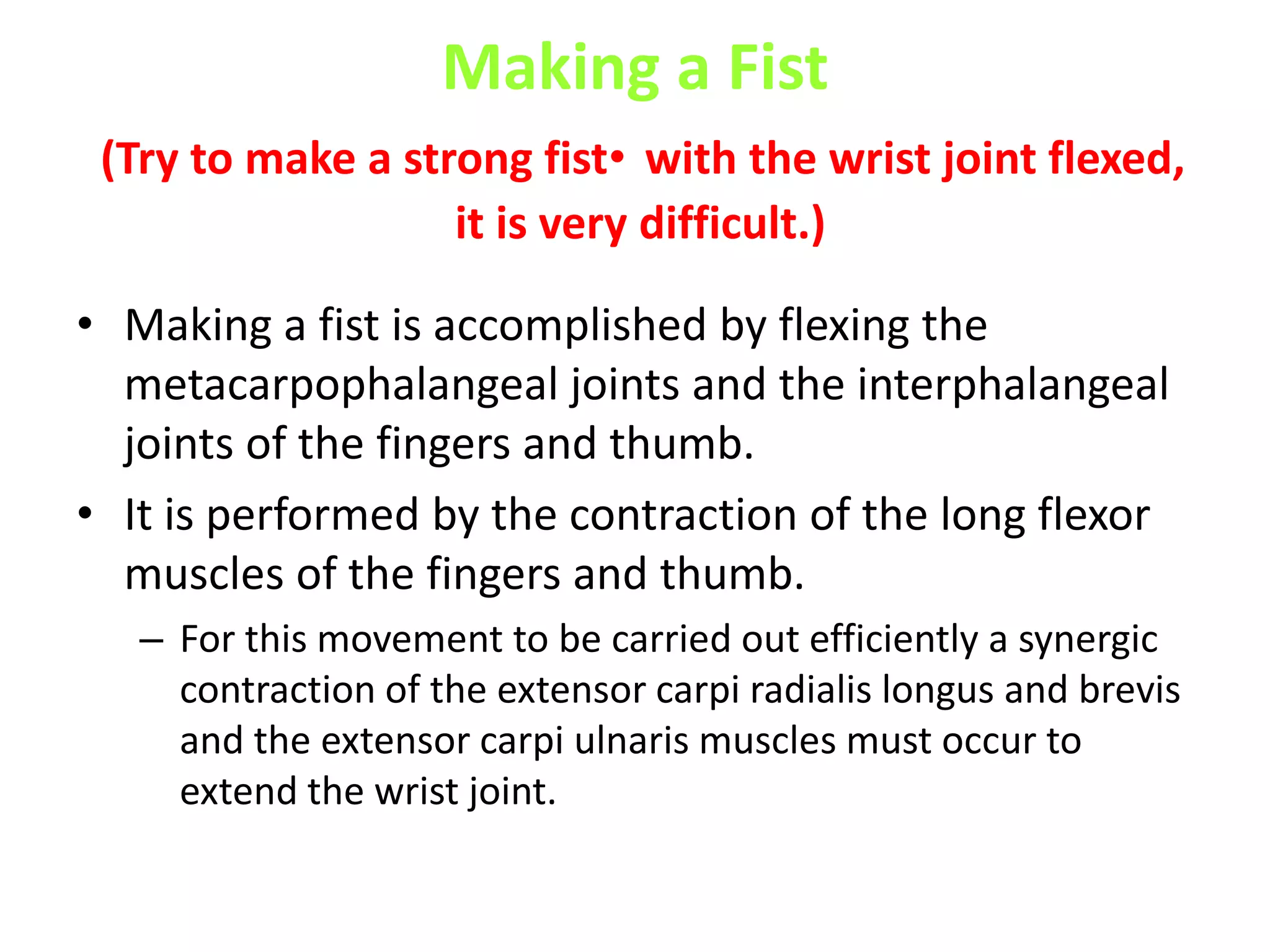 Cupping the HandIn the cupped position, the palm of the hand is formed into a deep concavity.To achieve this, the thumb is abducted and placed in a partially opposed position and is also slightly flexed. This has the effect of drawing the thenar eminence forward.The fourth and fifth metacarpal bones are flexed and slightly rotated at the carpometacarpal joints. This has the effect of drawing the hypothenar eminence forward. The palmaris brevis muscle contracts and pulls the skin over the hypothenar eminence medially; it also puckers the skin, which improves the gripping ability of the palm.The index, middle, ring, and little fingers are partially flexed; the fingers are also rotated slightly at the metacarpophalangeal joints to increase the general concavity of the cupped hand.