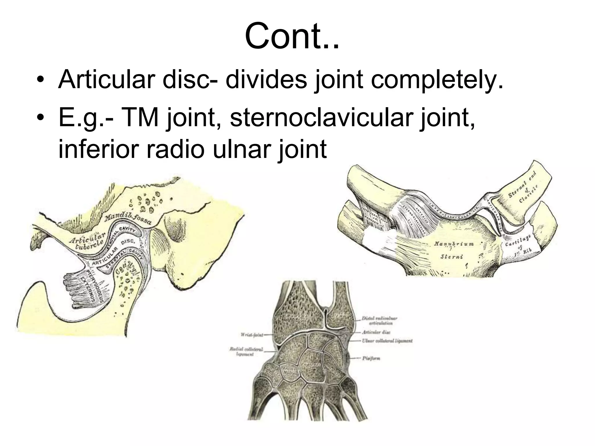 Cont..
• Articular disc- divides joint completely.
• E.g.- TM joint, sternoclavicular joint,
inferior radio ulnar joint
 