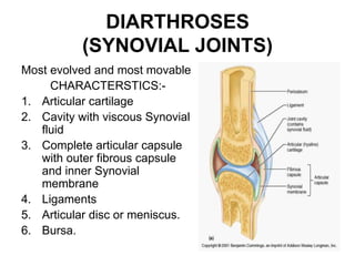 DIARTHROSES
(SYNOVIAL JOINTS)
Most evolved and most movable
CHARACTERSTICS:-
1. Articular cartilage
2. Cavity with viscous Synovial
fluid
3. Complete articular capsule
with outer fibrous capsule
and inner Synovial
membrane
4. Ligaments
5. Articular disc or meniscus.
6. Bursa.
 