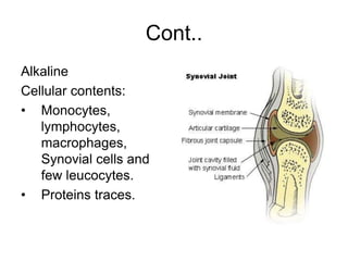 Cont..
Alkaline
Cellular contents:
• Monocytes,
lymphocytes,
macrophages,
Synovial cells and
few leucocytes.
• Proteins traces.
 