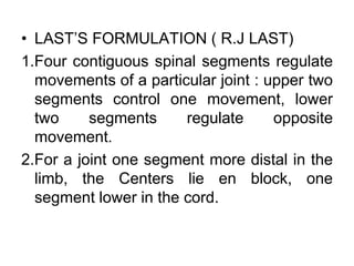 • LAST’S FORMULATION ( R.J LAST)
1.Four contiguous spinal segments regulate
movements of a particular joint : upper two
segments control one movement, lower
two segments regulate opposite
movement.
2.For a joint one segment more distal in the
limb, the Centers lie en block, one
segment lower in the cord.
 