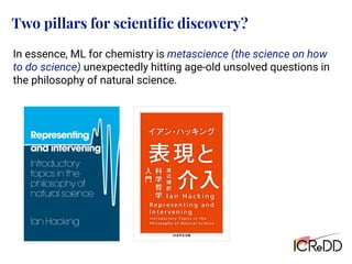 Two pillars for scientific discovery?
In essence, ML for chemistry is metascience (the science on how
to do science) unexpectedly hitting age-old unsolved questions in
the philosophy of natural science.
 