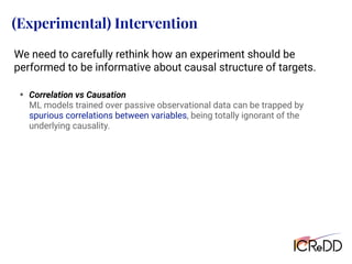 (Experimental) Intervention
We need to carefully rethink how an experiment should be
performed to be informative about causal structure of targets.
• Correlation vs Causation
ML models trained over passive observational data can be trapped by
spurious correlations between variables, being totally ignorant of the
underlying causality.
 