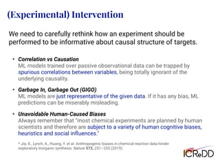 (Experimental) Intervention
We need to carefully rethink how an experiment should be
performed to be informative about causal structure of targets.
• Correlation vs Causation
ML models trained over passive observational data can be trapped by
spurious correlations between variables, being totally ignorant of the
underlying causality.
• Garbage In, Garbage Out (GIGO)
ML models are just representative of the given data. If it has any bias, ML
predictions can be miserably misleading.
• Unavoidable Human-Caused Biases
Always remember that “most chemical experiments are planned by human
scientists and therefore are subject to a variety of human cognitive biases,
heuristics and social inﬂuences.”
* Jia, X., Lynch, A., Huang, Y. et al. Anthropogenic biases in chemical reaction data hinder
exploratory inorganic synthesis. Nature 573, 251–255 (2019).
 