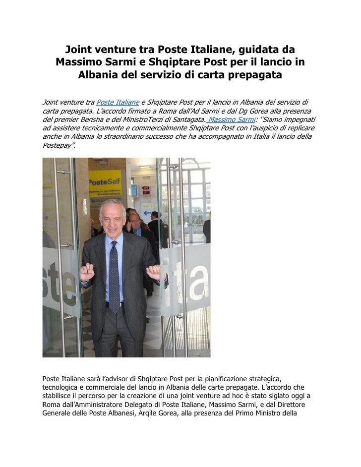 Joint Venture Poste Con Shqiptare Post Per Servizio Carte