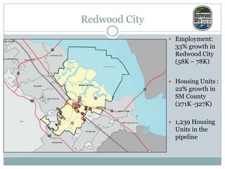 Redwood City
 Employment:

33% growth in
Redwood City
(58K – 78K)
 Housing Units :

22% growth in
SM County
(271K -327K)
 1,239 Housing

Units in the
pipeline

 