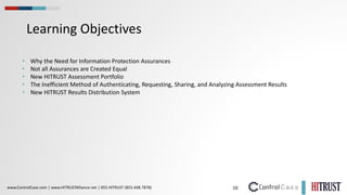 10
www.ControlCase.com | www.HITRUSTAlliance.net | 855.HITRUST (855.448.7878)
Learning Objectives
• Why the Need for Information Protection Assurances
• Not all Assurances are Created Equal
• New HITRUST Assessment Portfolio
• The Inefficient Method of Authenticating, Requesting, Sharing, and Analyzing Assessment Results
• New HITRUST Results Distribution System
 