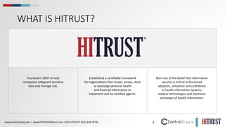 4
www.ControlCase.com | www.HITRUSTAlliance.net | 855.HITRUST (855.448.7878)
WHAT IS HITRUST?
Founded in 2007 to help
companies safeguard sensitive
data and manage risk.
Established a certifiable framework
for organizations that create, access, store
or exchange personal health
and financial information to
implement and be certified against.
Born out of the belief that information
security is critical to the broad
adoption, utilization and confidence
in health information systems,
medical technologies and electronic
exchanges of health information.
 