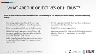5
www.ControlCase.com | www.HITRUSTAlliance.net | 855.HITRUST (855.448.7878)
WHAT ARE THE OBJECTIVES OF HITRUST?
HITRUST aims to establish a fundamental and holistic change in the way organizations manage information security
risk by:
• Rationalizing regulations and standards into a single
overarching framework tailored for each organization.
• Deliver a prescriptive, scalable and certifiable process.
• Address inconsistent approaches to certification, risk
acceptance and adoption of compensating controls to
eliminate ambiguity in the processes.
• Enable the ability to cost-effectively monitor compliance
of organizational, business partner and governmental
requirements.
• Provide support and facilitate sharing of ideas, feedback and
experiences within the industry.
• Establish trust between organizations.
• Develop an approach for the practical, efficient and consistent
adoption of security by organizations across multiple
industries.
 