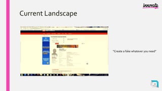 Current Landscape
“Create a fake whatever you need”
10
 